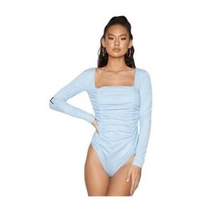 PrettyLitteThings Ruched Bodysuit Dusty Blue Long Sleeve Square Neckline 4